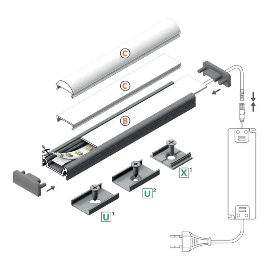 Profilé LED noir à poser avec des clips de fixation