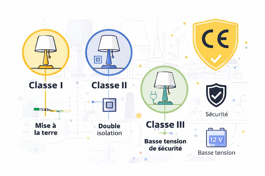 Sch&eacute;ma des classes &eacute;lectriques I, II et III pour lampes, illustrant la mise &agrave; la terre, la double isolation et la basse tension de s&eacute;curit&eacute; avec marquage CE