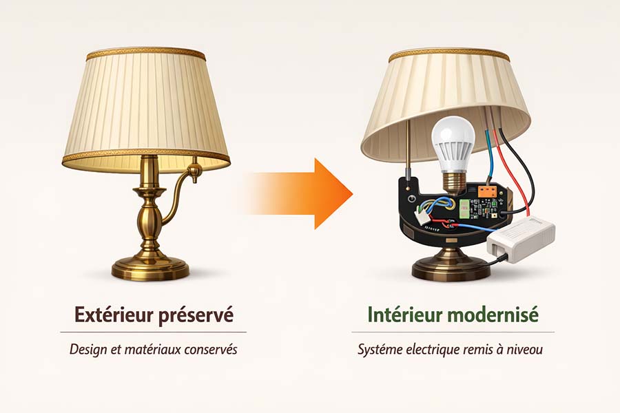 Int&eacute;rieur &eacute;lectrique d&rsquo;une lampe montrant la mise &agrave; niveau des composants sans modifier le design