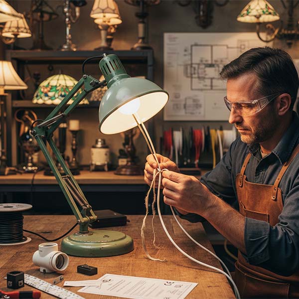 Lampe ancienne de qualit&eacute; modernis&eacute;e par r&eacute;novation &eacute;lectrique et retrofit lumineux