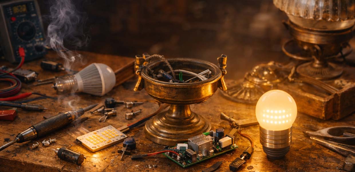 R&eacute;novation &eacute;lectrique d&rsquo;une lampe avec remplacement du c&acirc;blage, de la douille et de l&rsquo;alimentation